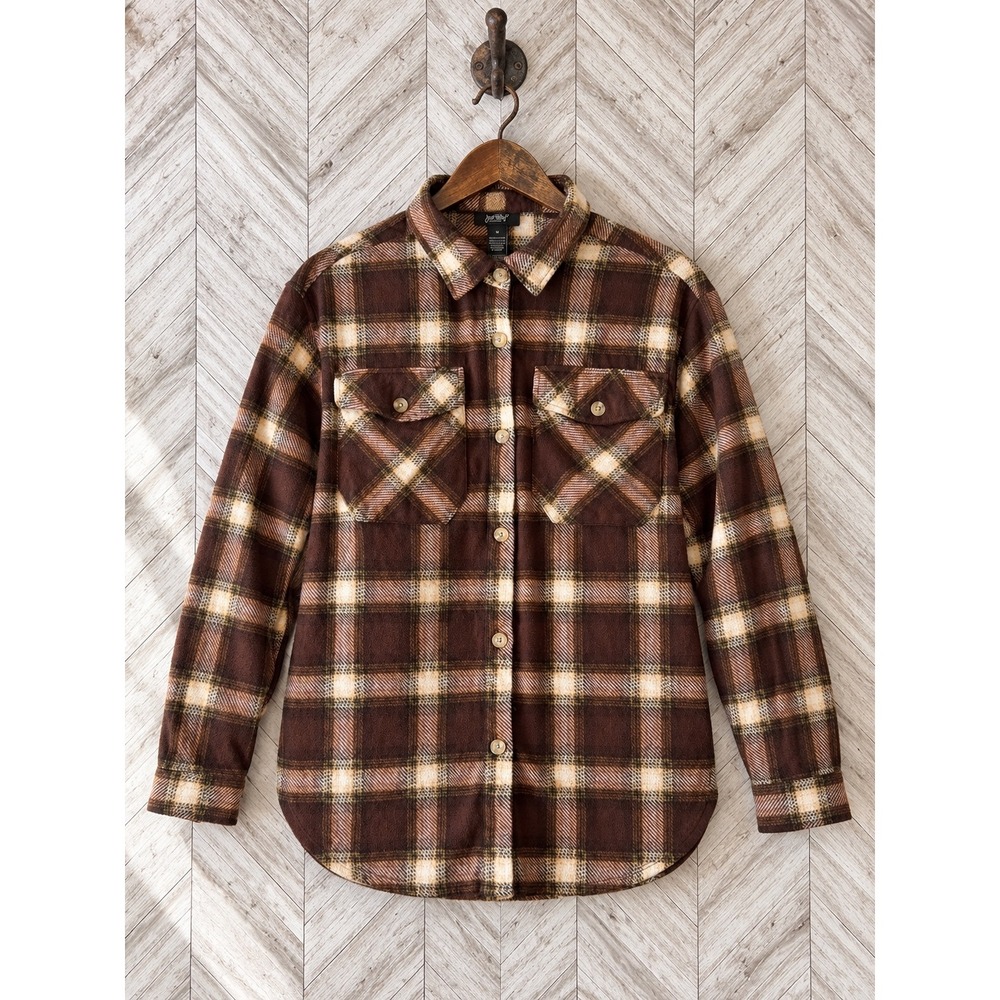 Just Polly Plaid Fleece Button Down Shacket Brown Medium NWOT